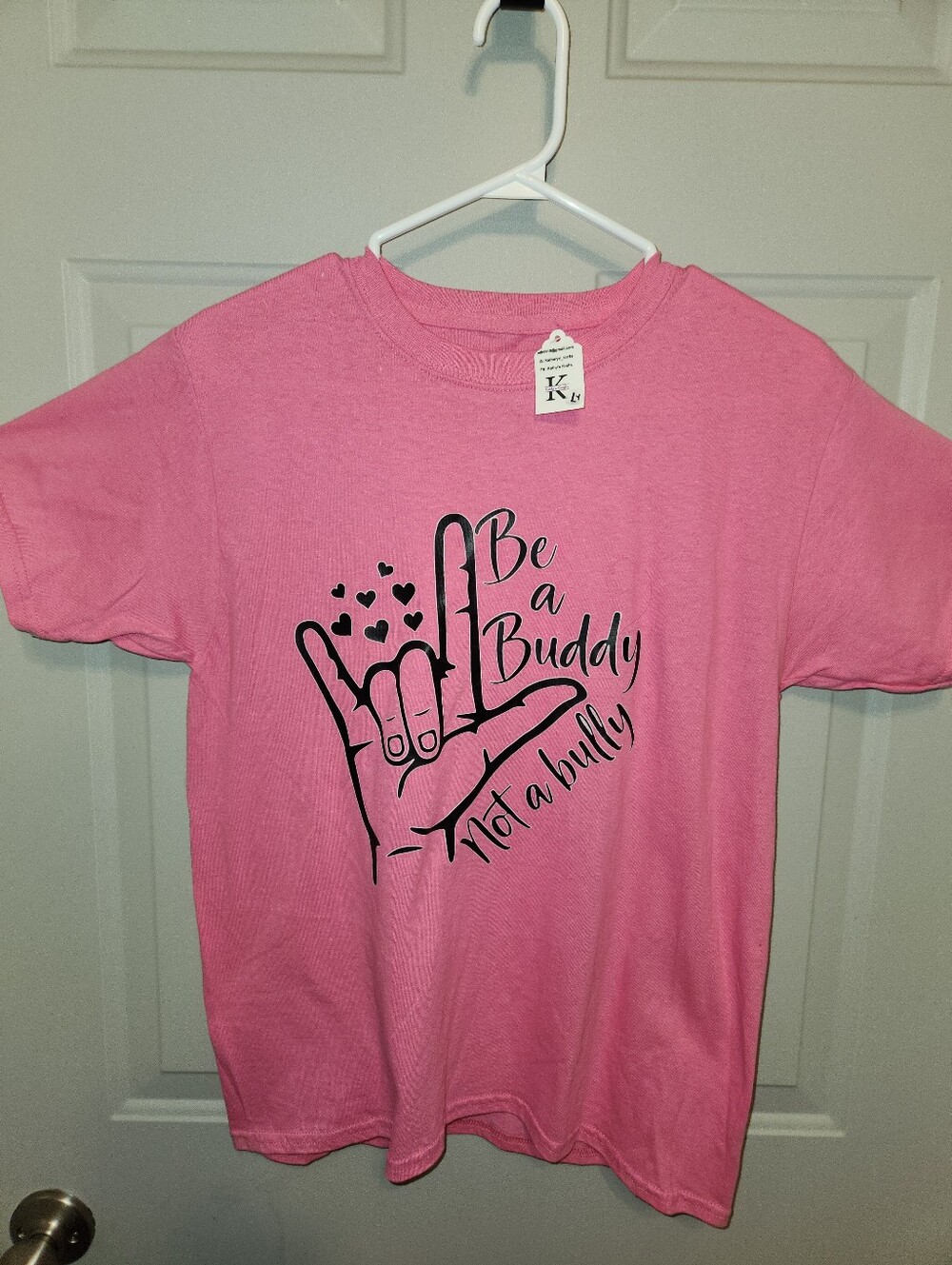 Youth Large Pink "Be a Buddy, Not a Bully" Kids T-Shirt